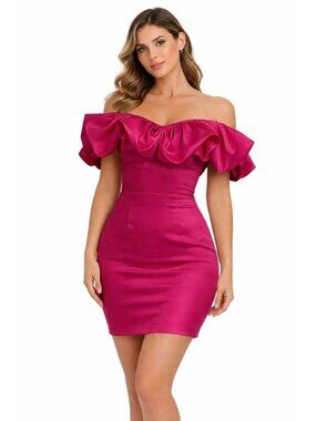 Hot Pink Off Shoulder Puff Sleeve Mini Dress Built In Bra Size 2